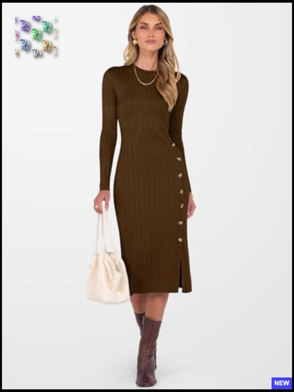 Long Sleeve Midi Dress Ribbed Knit Bodycon Fitted Button Down Sweater Dress - Picture 6 of 7